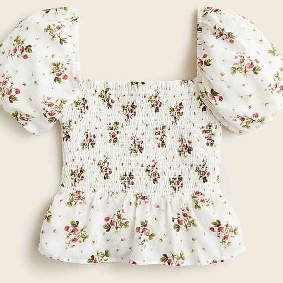 NEW J. Crew Cotton Blend Puff-sleeve Smocked Blouse Top Strawberry Floral Large - Picture 1 of 11